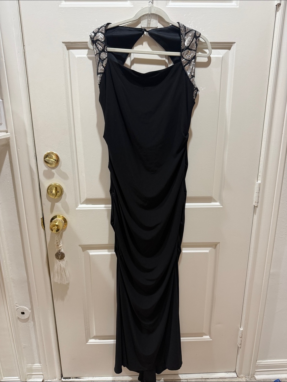 Xscape Black Backless Evening Gown with Silver Beaded Shoulders